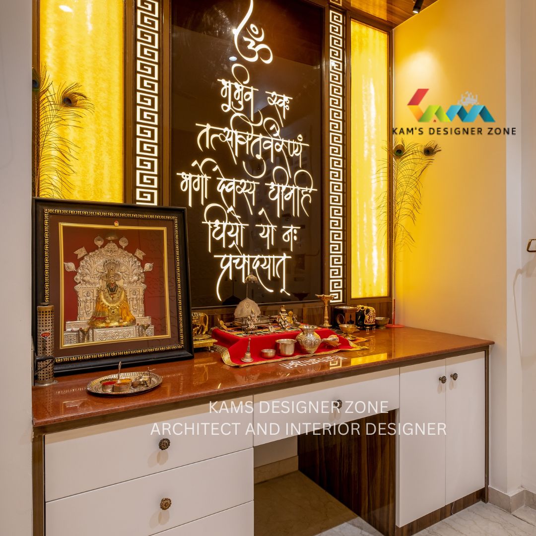 Modern Pooja Room Design Integrated With A Spacious Storage Unit
                